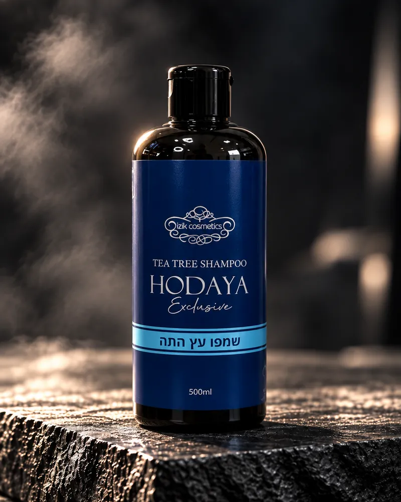 בקבוק שמפו עץ התה HODAYA על משטח אבן