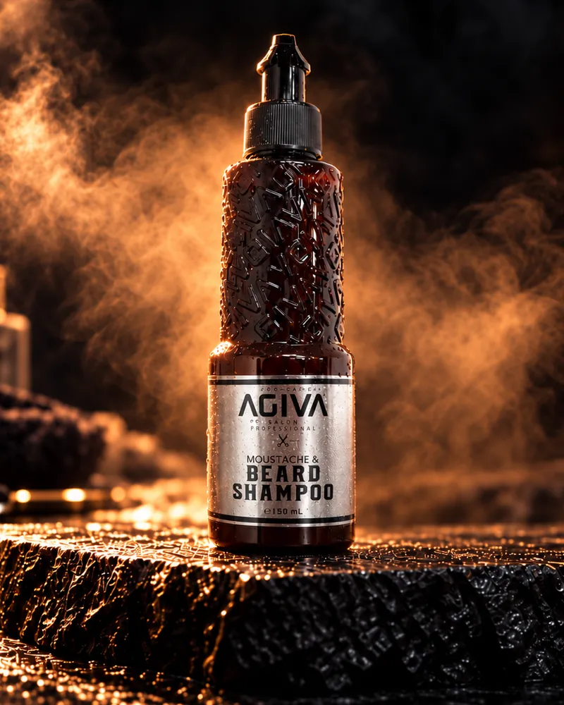 בקבוק AGIVA Beard Shampoo על משטח אבן
