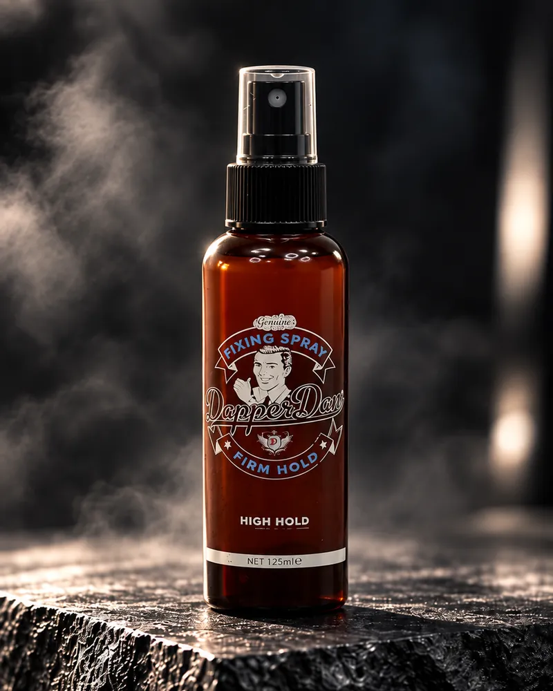 בקבוק Dapper Dan Fixing Spray על משטח אבן