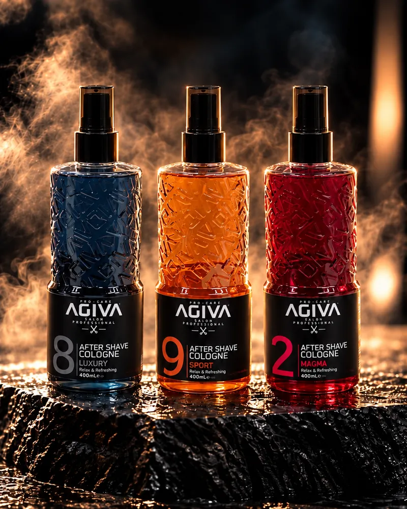 שלושה בקבוקי AGIVA After Shave Cologne בכחול, כתום ואדום על משטח אבן